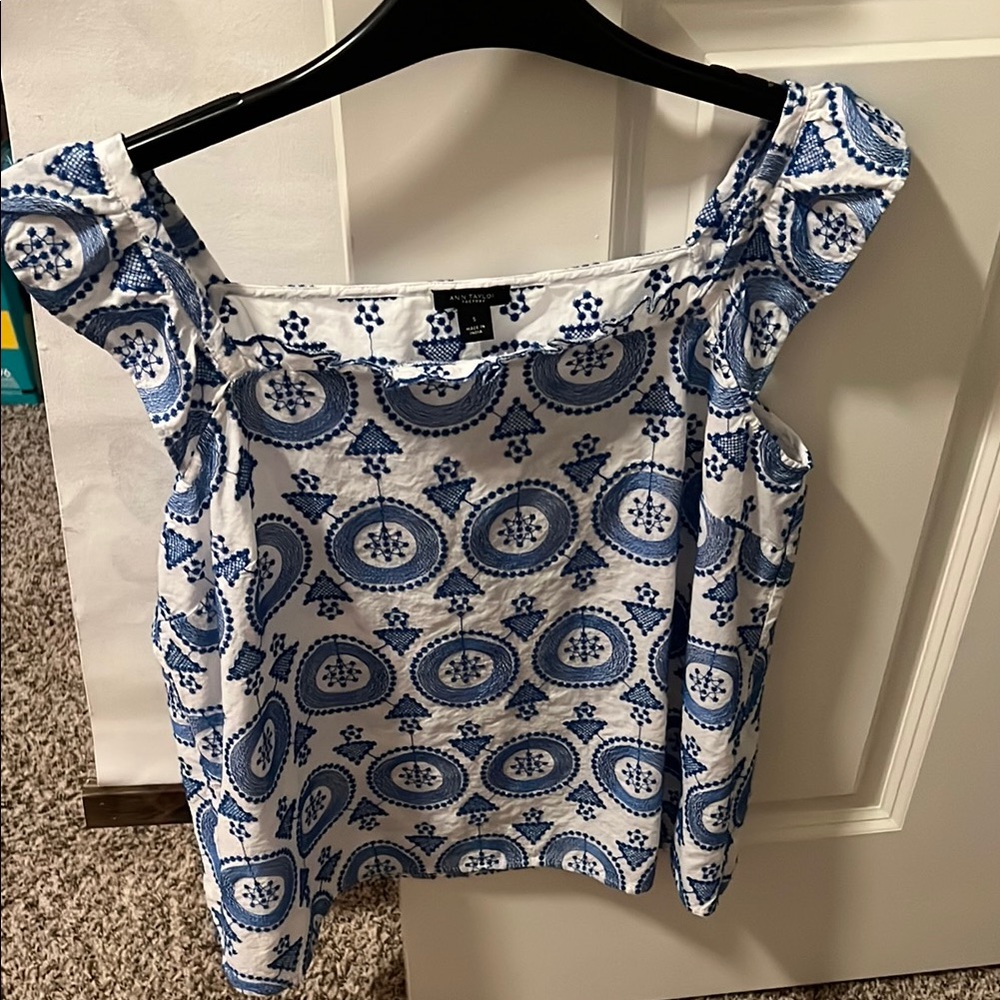 Ann Taylor Blue and White Ruffled Blouse